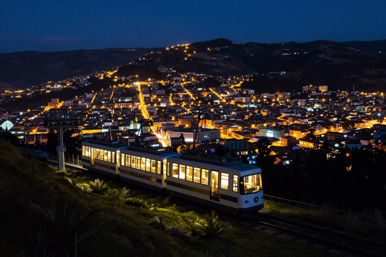 Night View of Quito Ecuador Funicular Railway Approaching Teleferico Station Under Starry Sky in in Quito, Ecuador