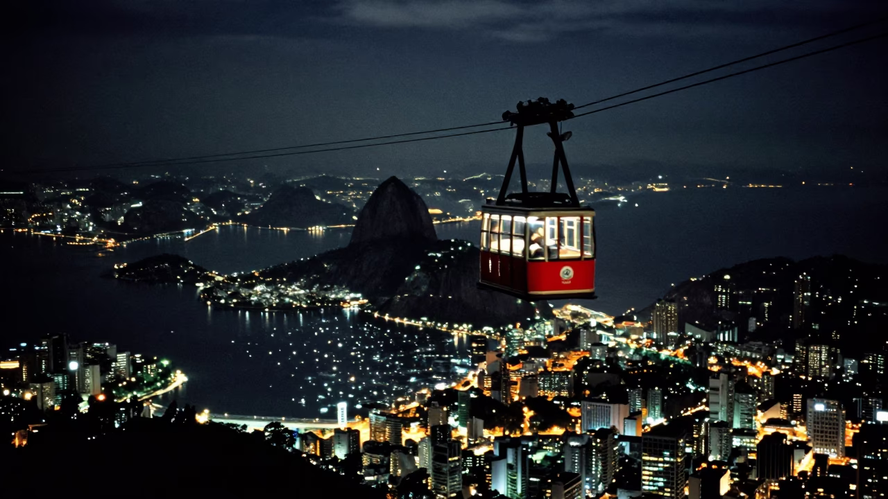 Night View of Rio de Janeiro Cable Car and City Lights from Sugarloaf Mountain in in Rio de Janeiro, Brazil