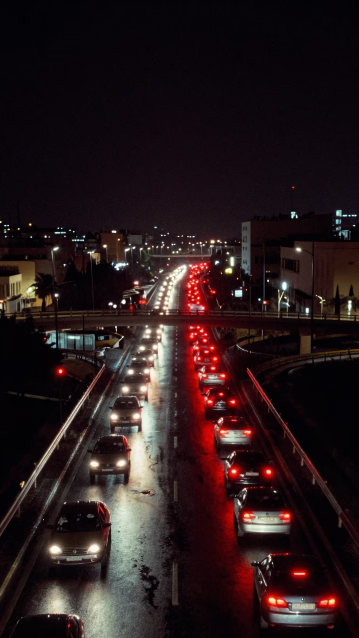 Night View of Tunis Overpass Interchange Glowing with Red Taillights After Rain in in Tunis, Tunisia