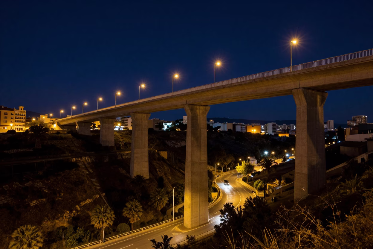 Night view of Valencia Spain street scene with viaduct and urban elements in in Valencia, Spain