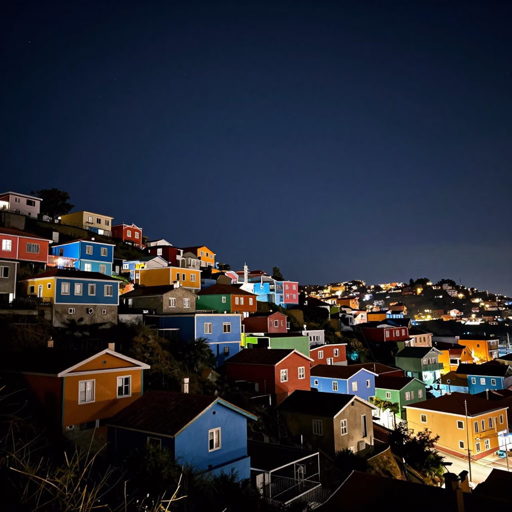 Night View of Valparaiso Chile Colorful Hillside Houses Under Deep Starry Sky in in Valparaiso, Chile