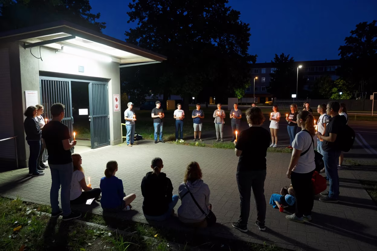 Night Vigil at Leipzig Polling Station in outside a polling station entrance in Leipzig