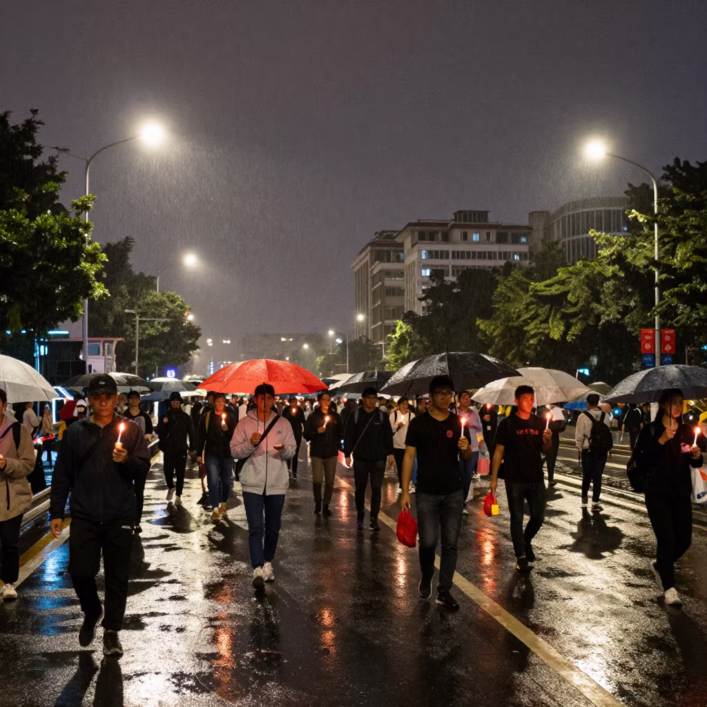 Night Vigil March Under Government Floodlights in beneath government building floodlights in Guangzhou