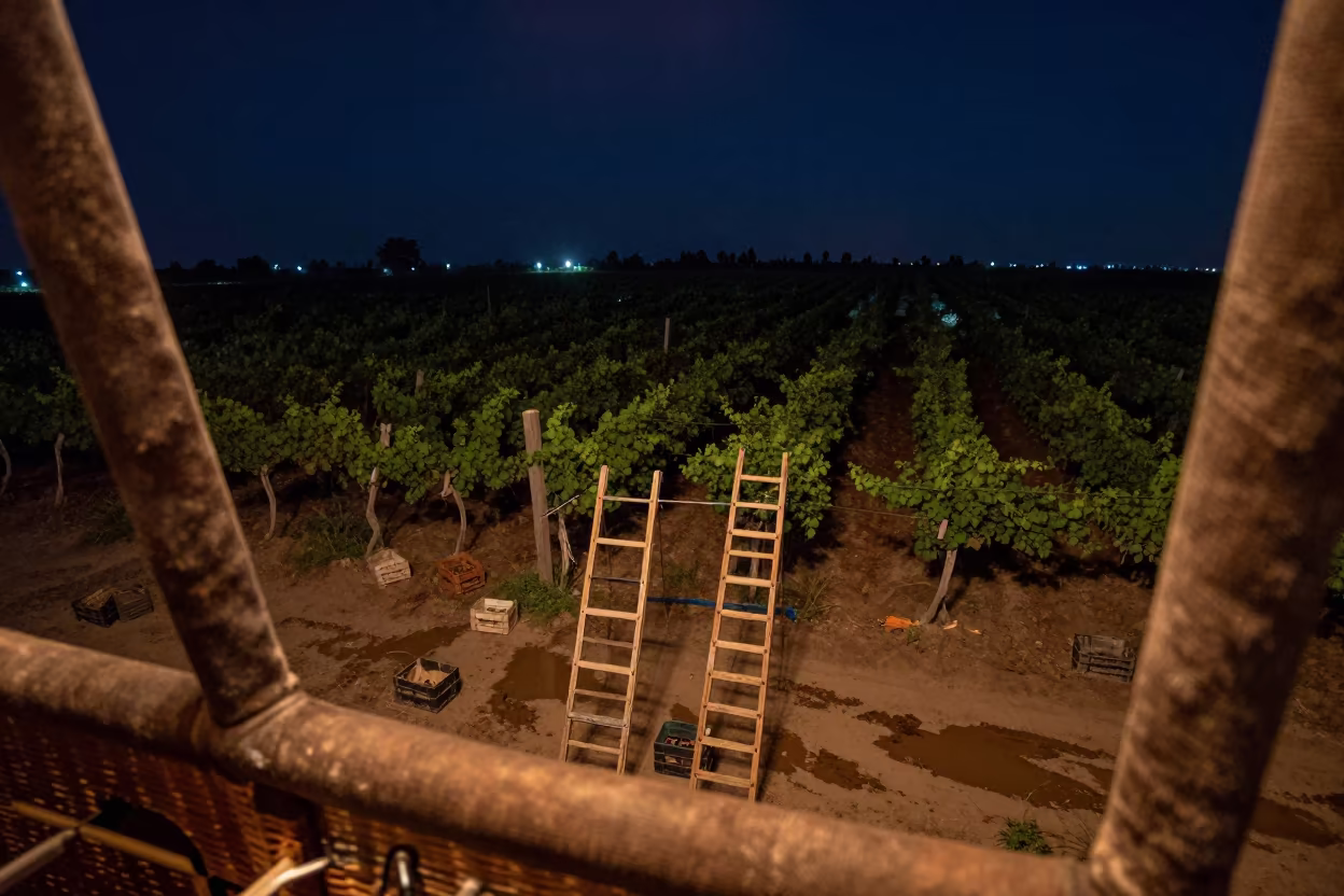 Night Vineyard View from Balloon Basket Iraq in among orchard ladders and crates in Iraq