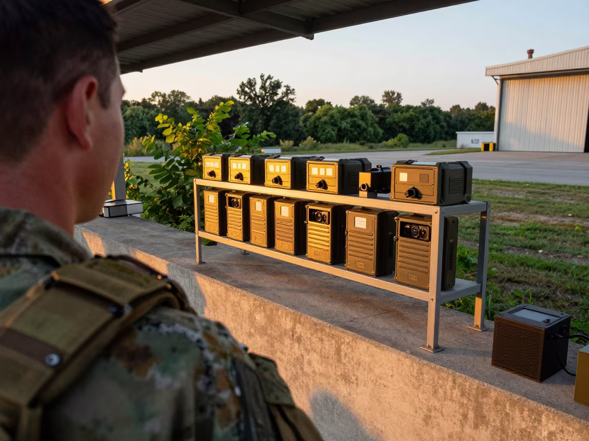 Night Vision Battery Charger Shelf at Golden Hour in at a checkpoint lane near Mississauga