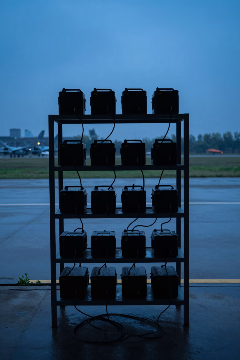 Night Vision Charger Shelf Silhouette Hangar in along an airbase flight line near Chunxi Road, Chengdu