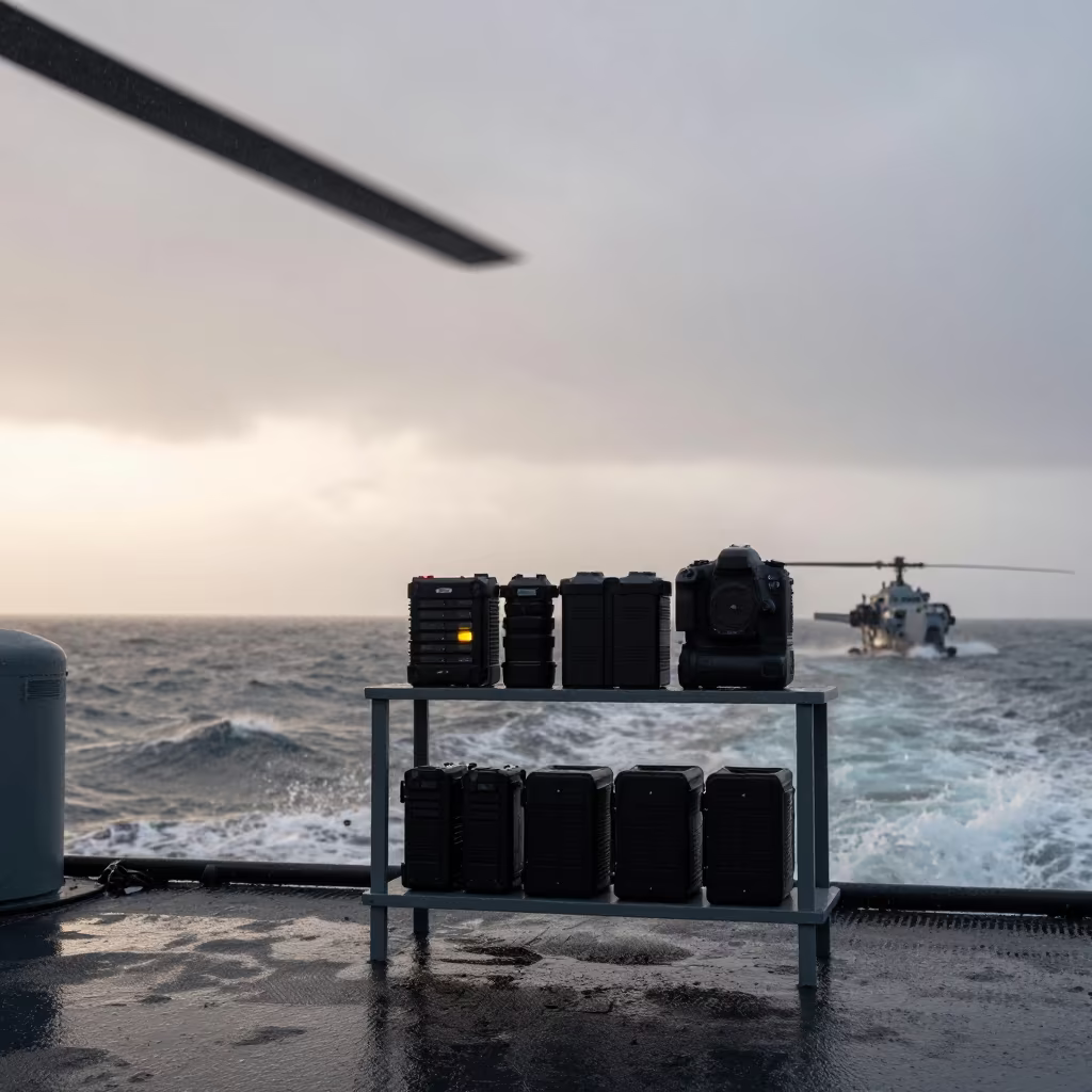 Night Vision Charger Shelf Silhouette on Naval Deck in on a naval deck in rough wind in Port Moresby