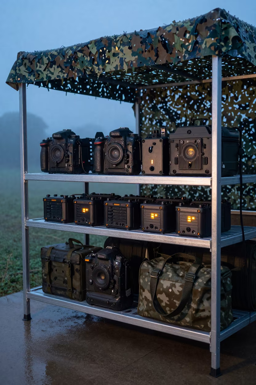 Night Vision Chargers Under Camo Net in Twilight in beneath a camouflage net shelter in Zimbabwe