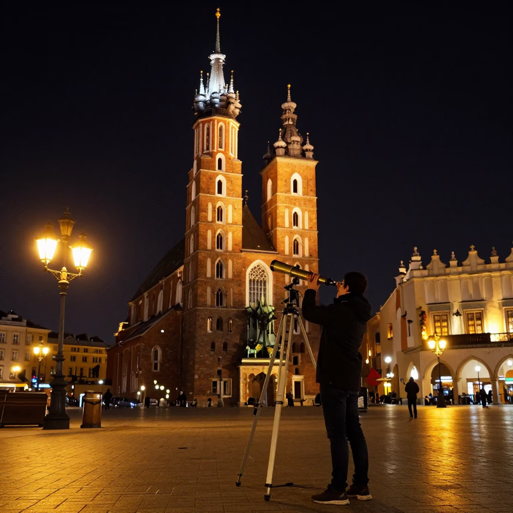Night Watch in Krakow Main Square with Astronomer Telescope and Brooms in in Krakow, Poland