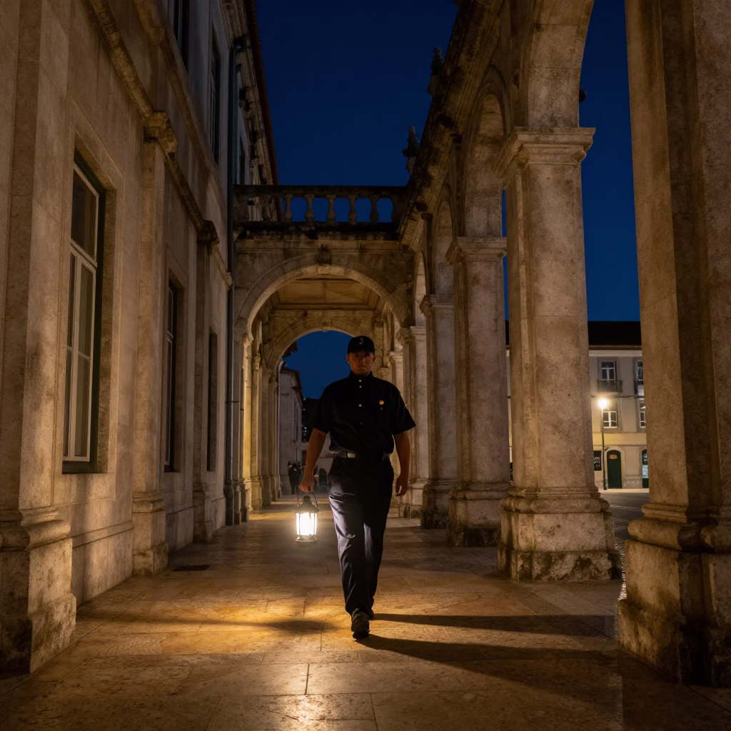 Night Watchman in Lisbon at The Deepest Night Sky Light in in Lisbon, Portugal