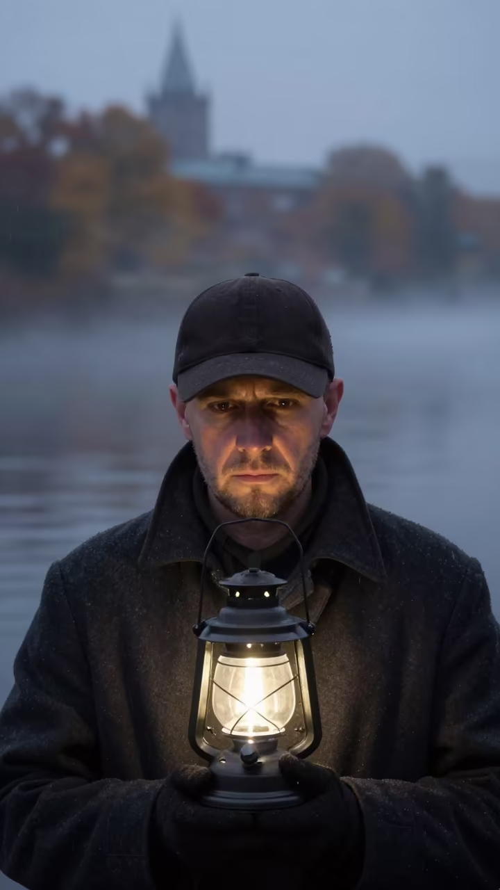 Night Watchman Lantern Face Mist Dawn in near a riverside landing in Fredericton