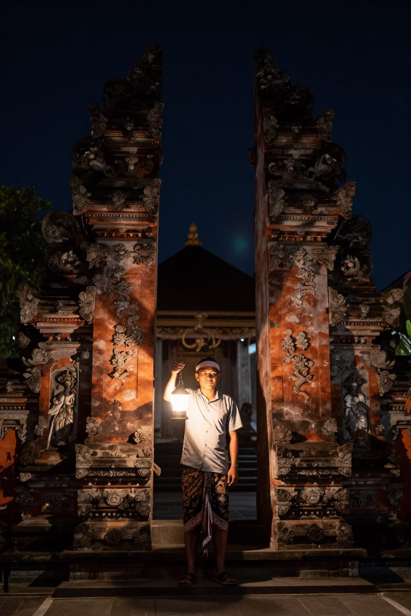 Night Watchman Lantern Illuminating Traditional Balinese Stone Gate in Denpasar Indonesia in in Denpasar, Indonesia