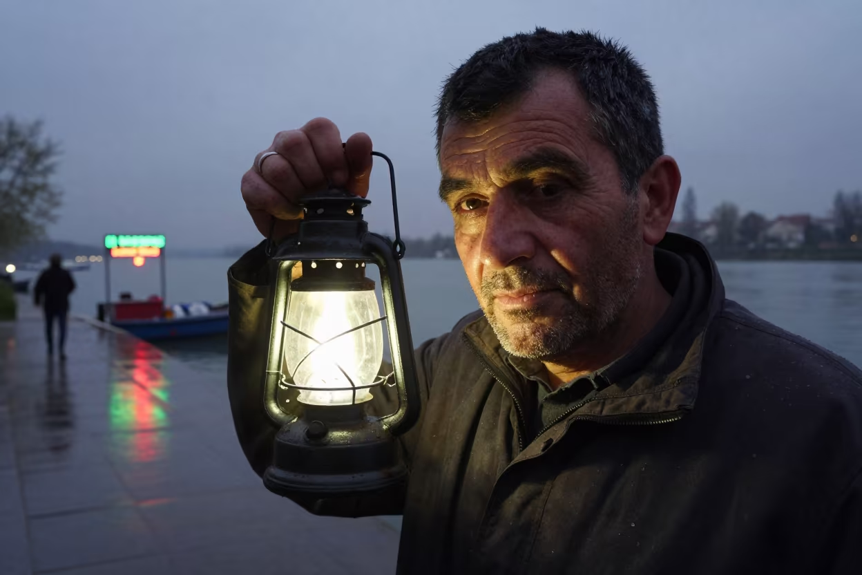 Night Watchman Lantern Light Tuzla Dawn in near a riverside landing in Tuzla