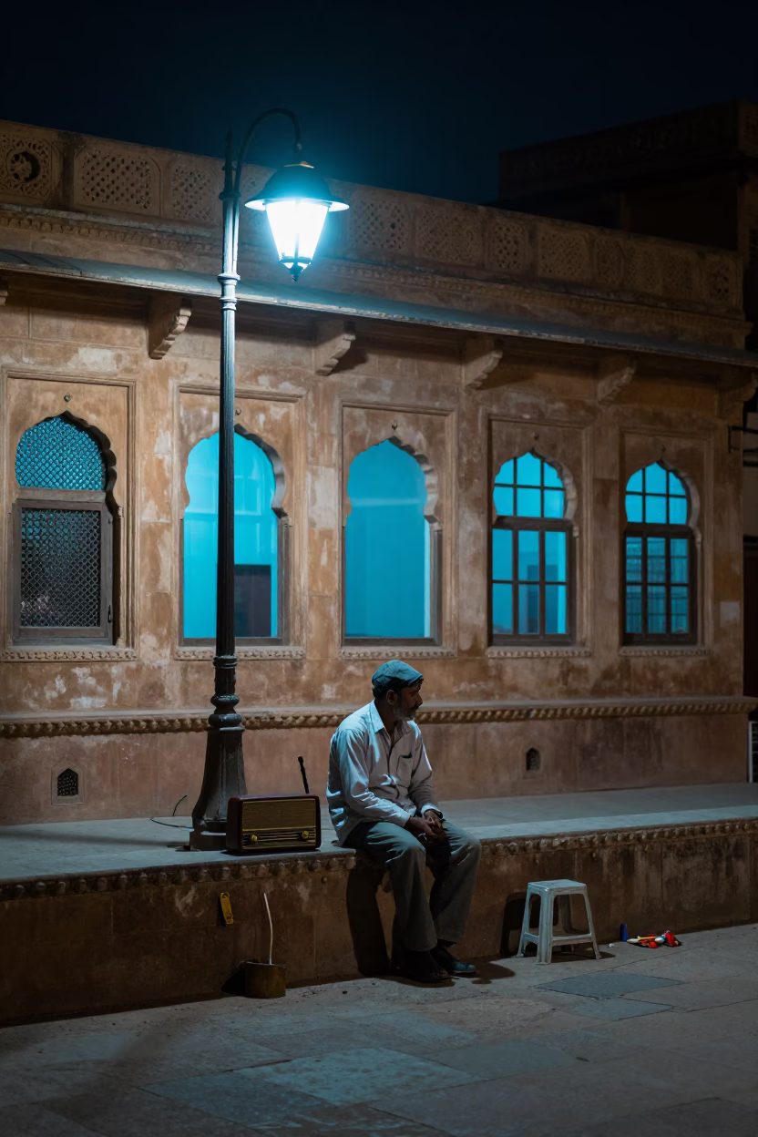 Night Watchman Resting with Vintage Radio and Tools in Jaipur Courtyard in in Jaipur, India