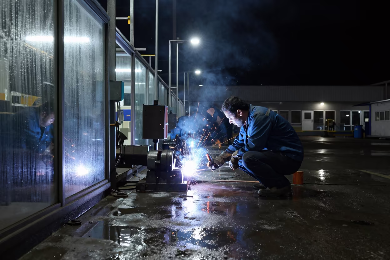 Night Welding Bay Floor with Wet Concrete in in a welding bay near Çanakkale