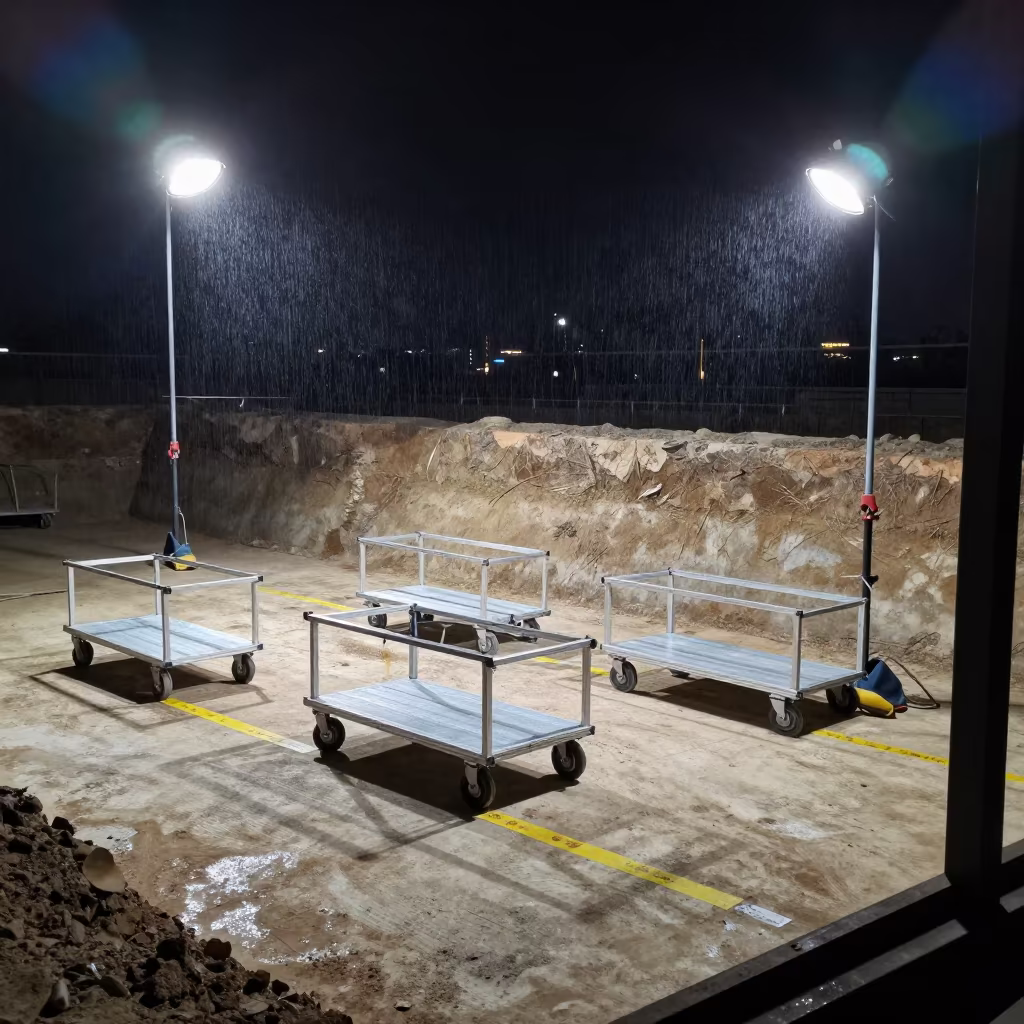 Night Window Staging with Carts and Rain in inside a taped-off excavation edge near Surat