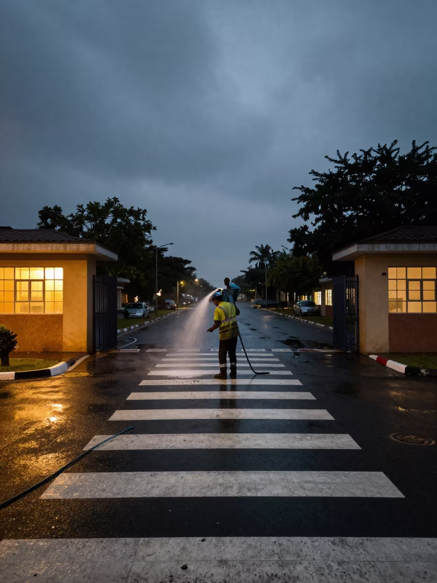 Night worker cleans pollen from civic plaza in at a crosswalk by a school gate in Ikeja