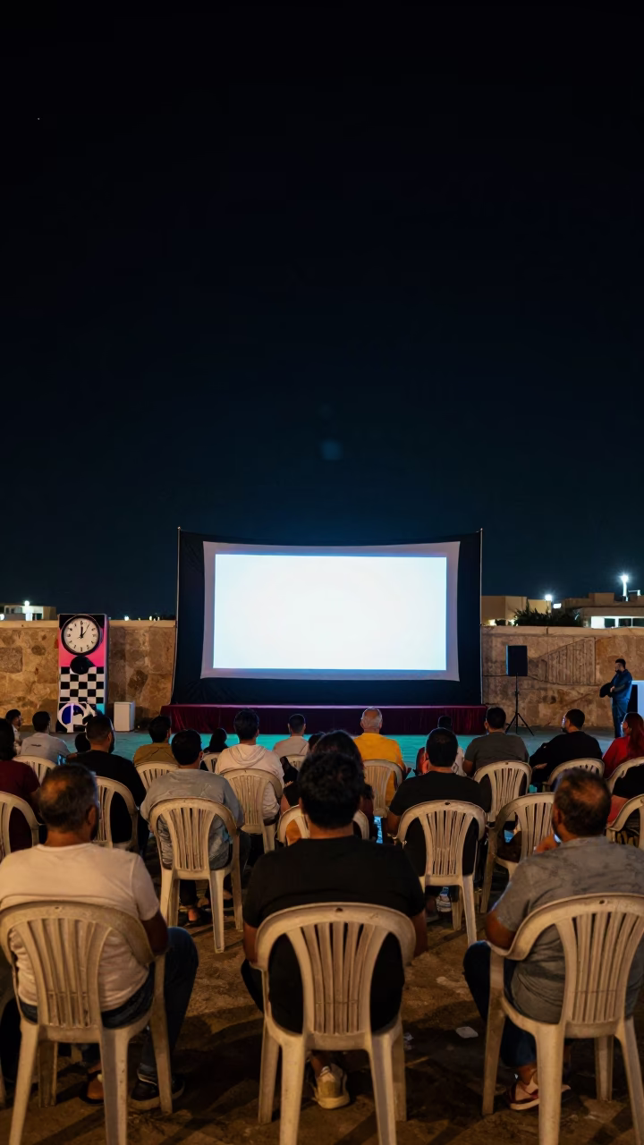 Nightlife at Alexandria Outdoor Cinema with Chess Clock and Colored Glass Bottle in in Alexandria, Egypt