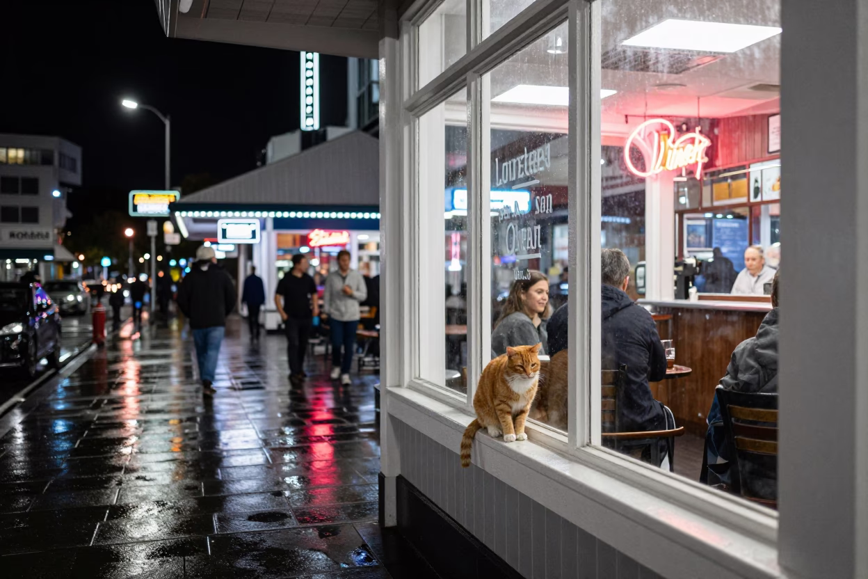 Nightlife at Lambton Quay Wellington New Zealand Diner with Orange Cat and Egg Cups in in Wellington, New Zealand