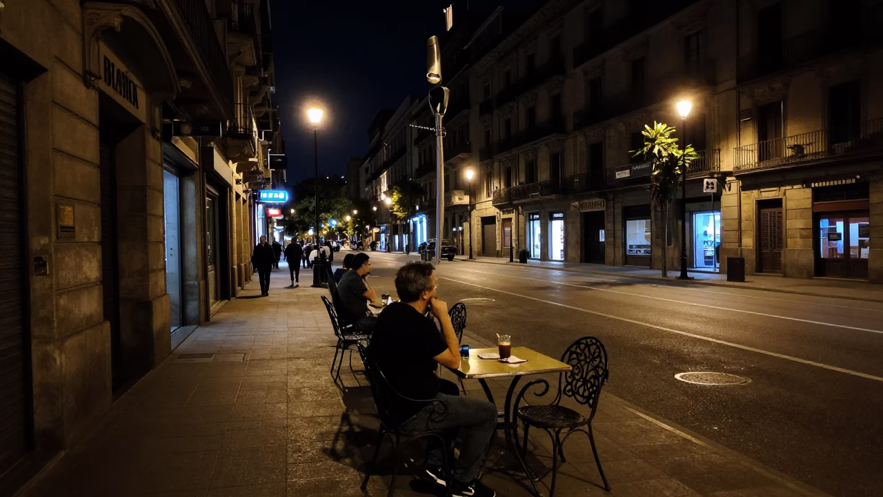 Nightlife in Barcelona Spain Street Scene with Brushed Steel Bottle Neck and Salt Cellar in in Barcelona, Spain