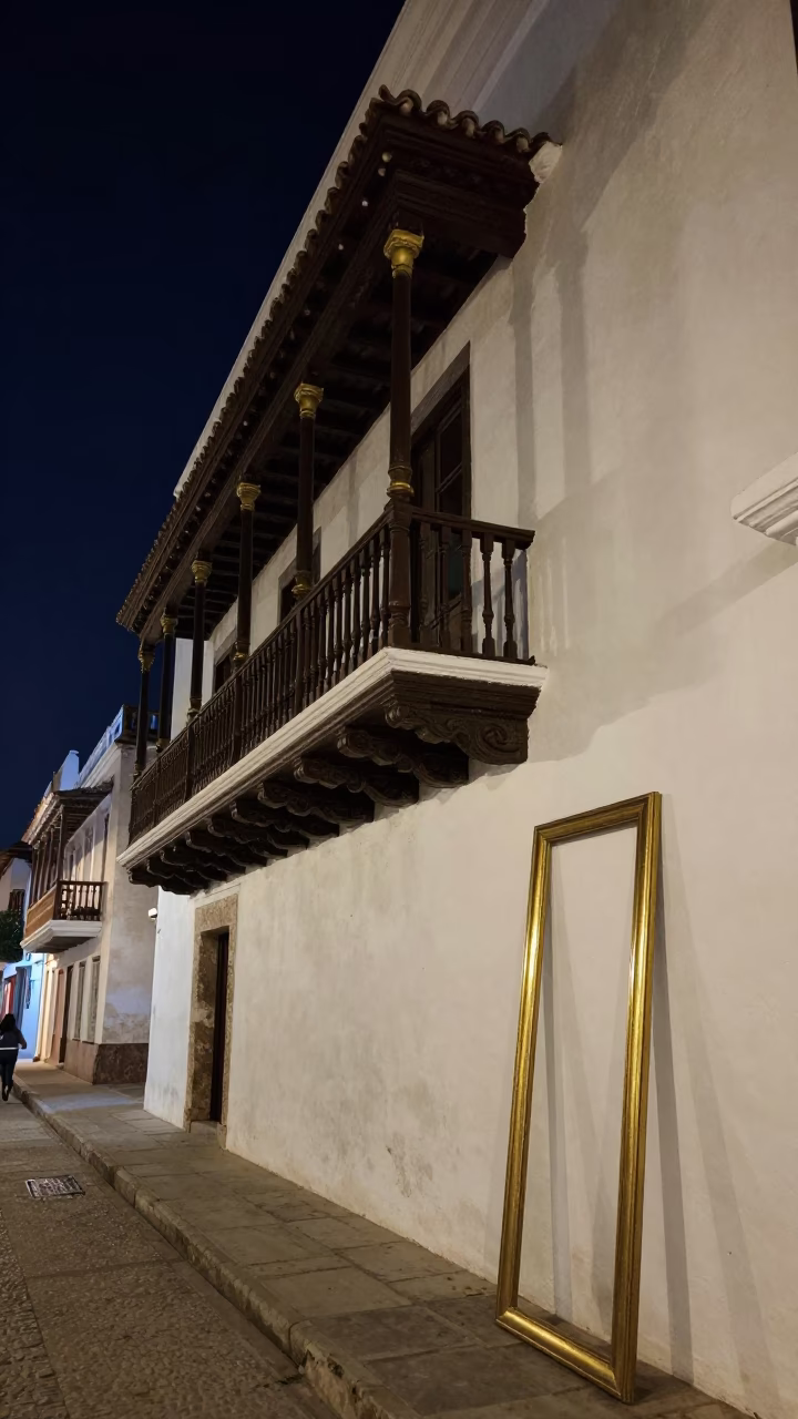 Nightlife in Cartagena Colombia Colonial Balcony with Brass Details and Dark Sky in in Cartagena, Colombia