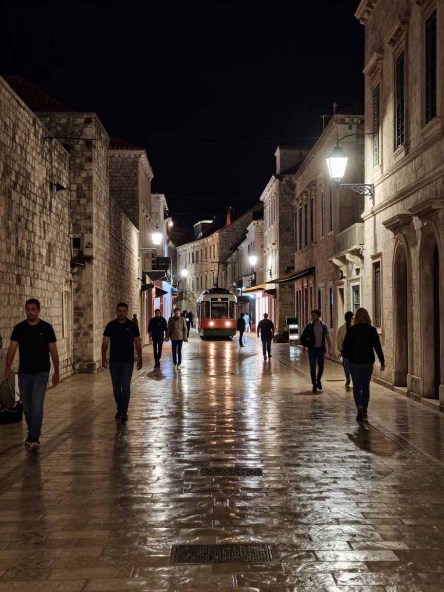 Nightlife in Dubrovnik Croatia Street Scene with Tram Reflections and Cobblestones in in Dubrovnik, Croatia