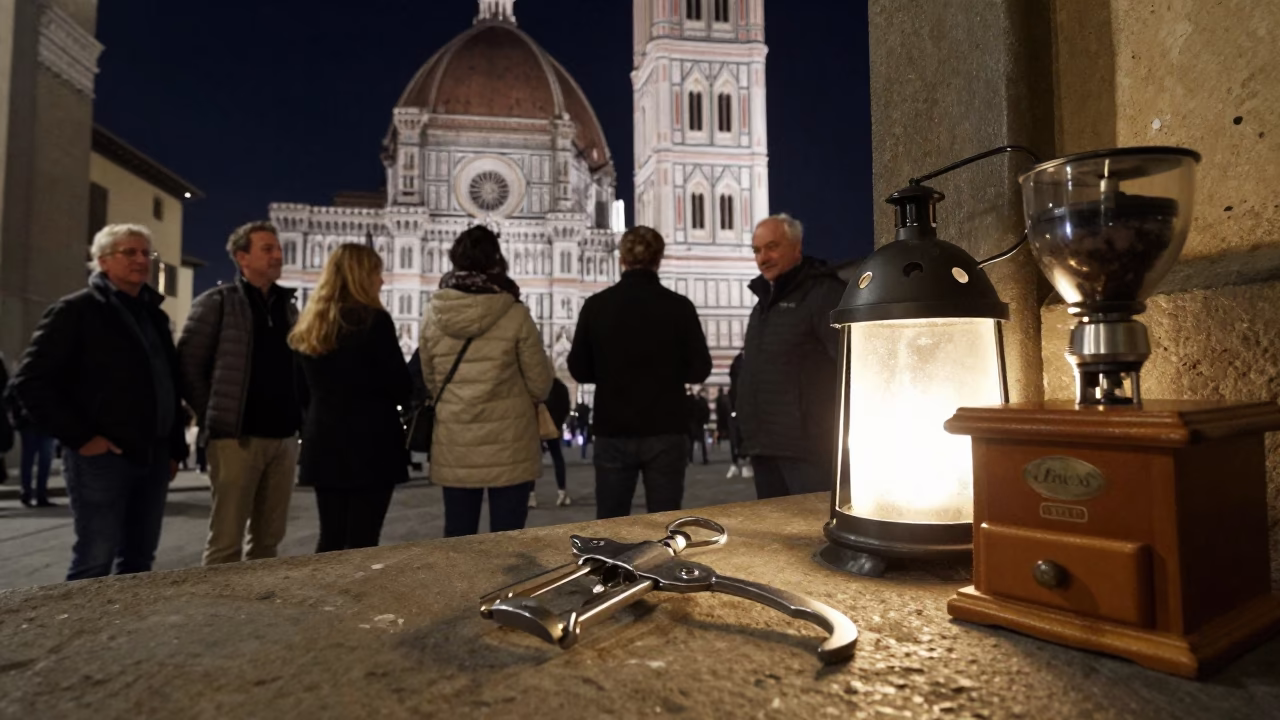 Nightlife in Florence Italy with Wine Opener and Coffee Grinder on Table in in Florence, Italy