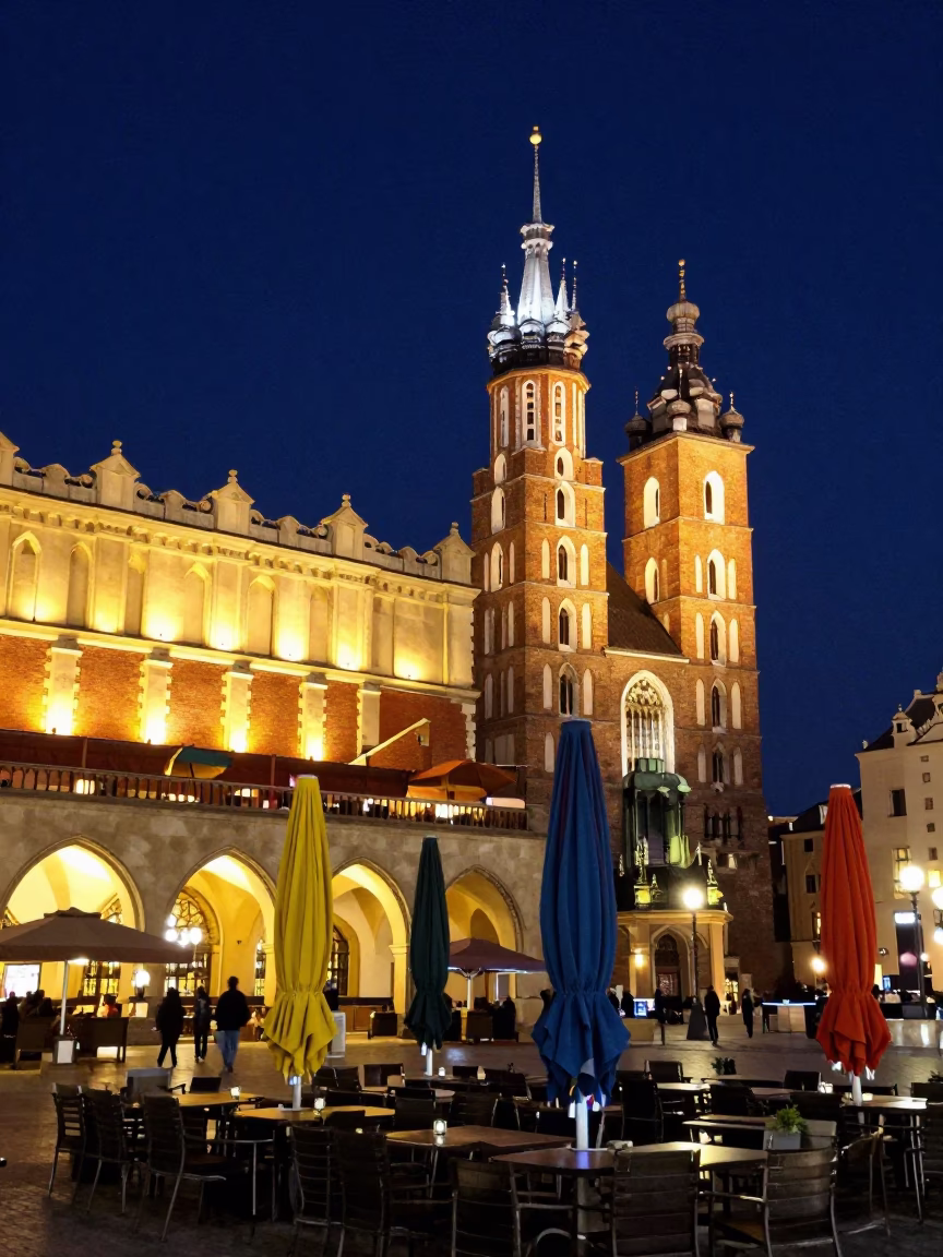 Nightlife in Krakow Poland Main Square with Colorful Umbrellas and Neon Lights in in Krakow, Poland