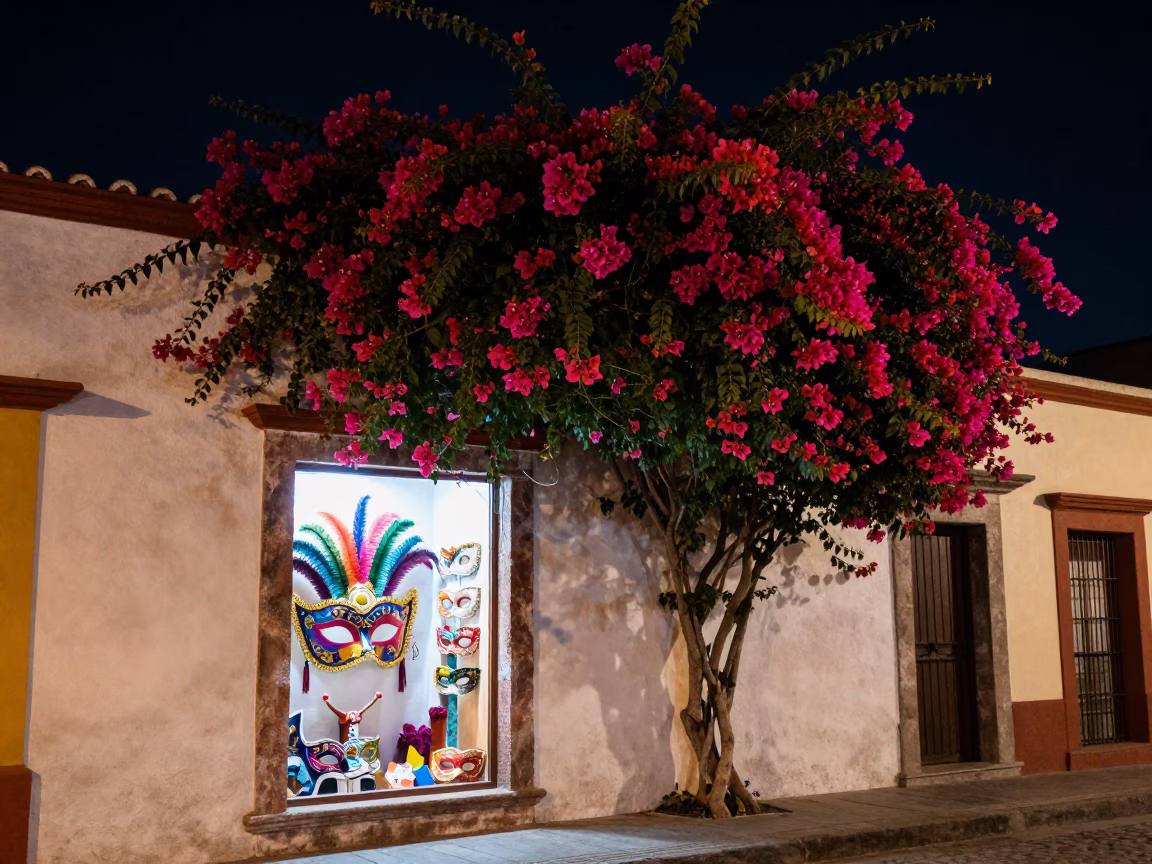 Nightlife in Merida Mexico Street Scene with Bougainvillea and Carnival Mask in in Merida, Mexico