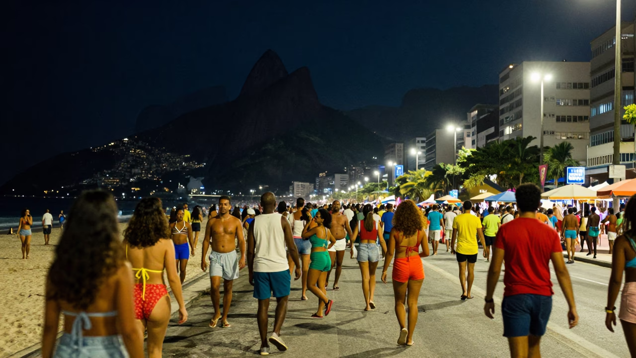 Nightlife in Rio de Janeiro Brazil High Fashion Colorful 1960s Street Scene in in Rio de Janeiro, Brazil