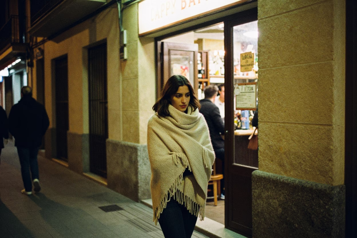 Nightlife in Valencia Spain Street Scene with Wool Scarves and Urban Atmosphere in in Valencia, Spain