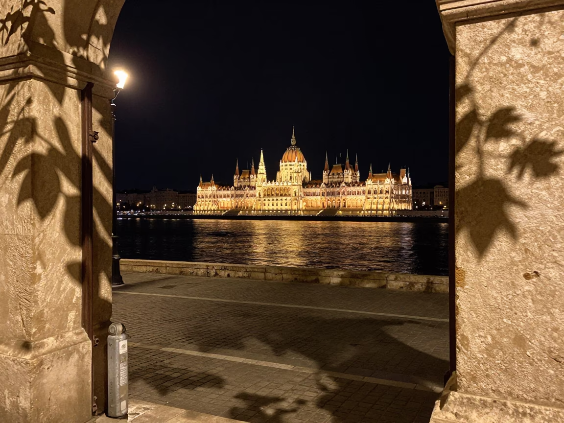Nightlife on Budapest Danube Promenade with Leaf Shadows and Canal Water Taxi in in Budapest, Hungary