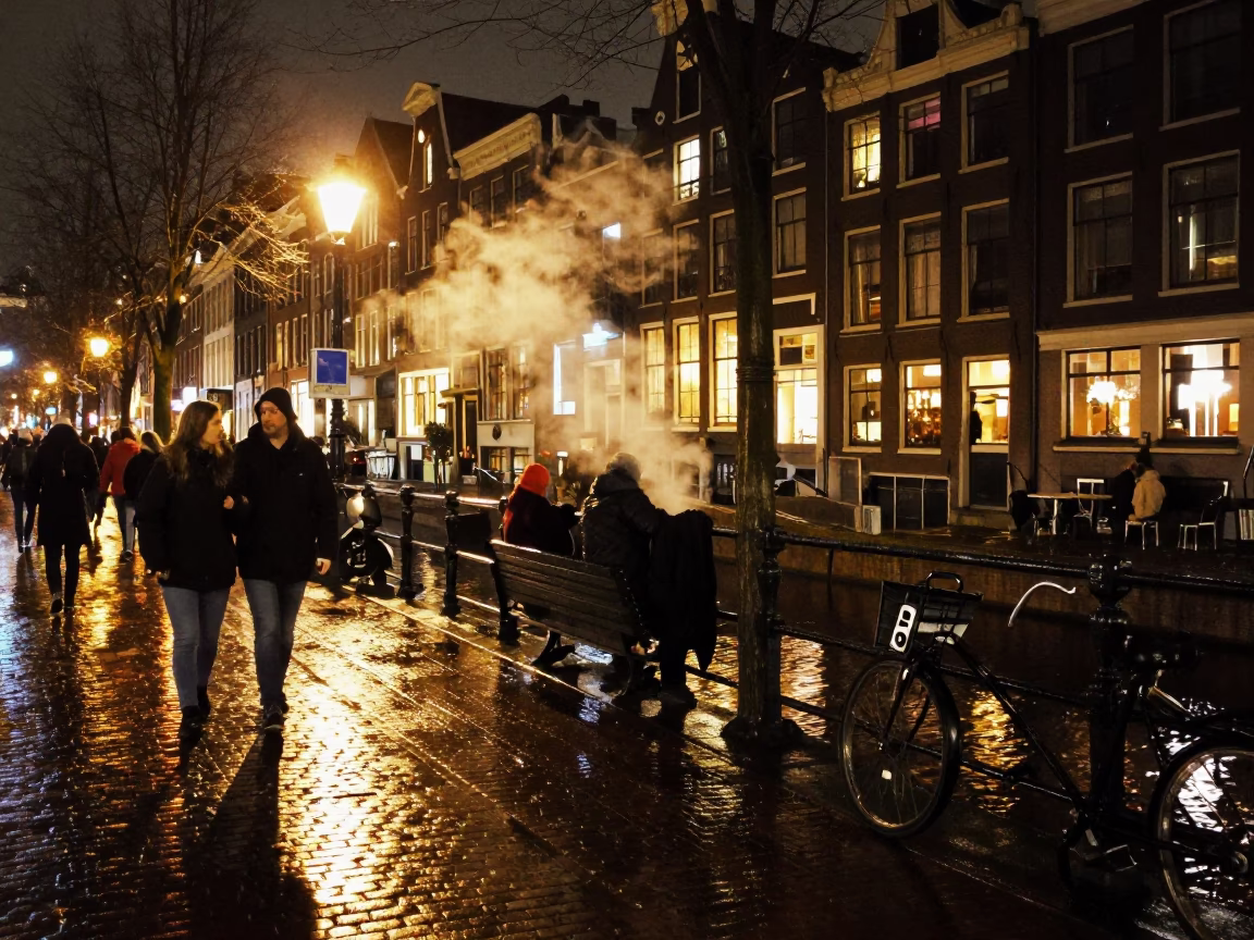 Nightlife street scene in Amsterdam Netherlands with steam and urban lights in in Amsterdam, Netherlands