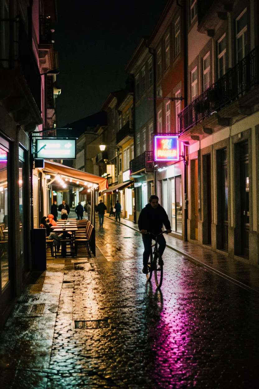 Nightlife Street Scene in Porto Portugal with Neon Signs and Urban Details in in Porto, Portugal