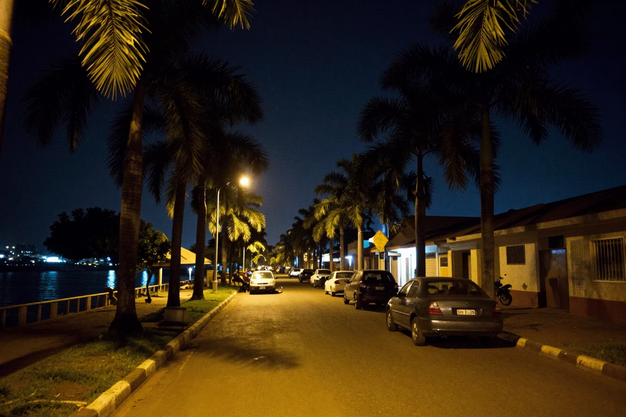 Nighttime Accra Ghana Street Scene Palm Tree Avenue and Water Tower in in Accra, Ghana
