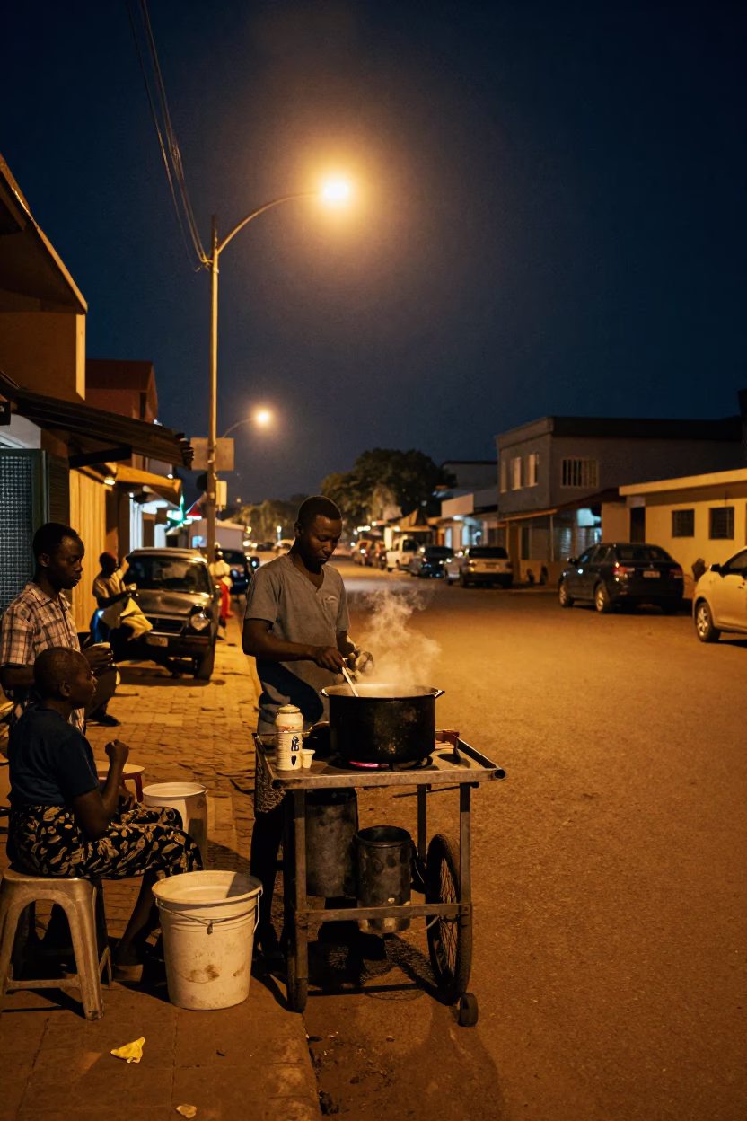 Nighttime Accra Street Scene with Cooking Pot and Hands in Ghana in in Accra, Ghana