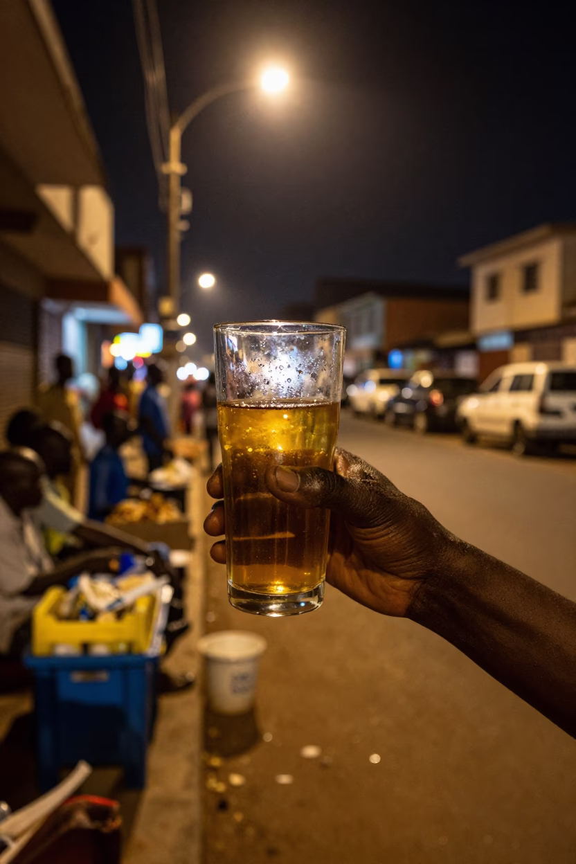 Nighttime Accra Street Scene with Glass of Fresh Sugarcane Juice and Urban Details in in Accra, Ghana