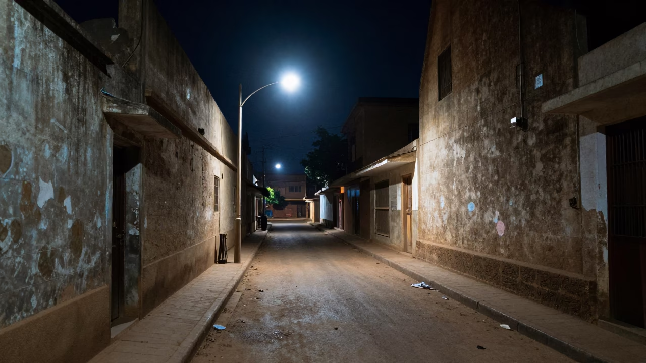 Nighttime Accra Street Scene with Latch and Paint Flecks on Window Glass in in Accra, Ghana