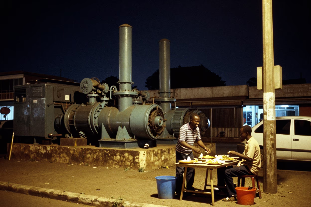 Nighttime Accra Street Scene with Sewage Pumping Station and Local Vendor in in Accra, Ghana