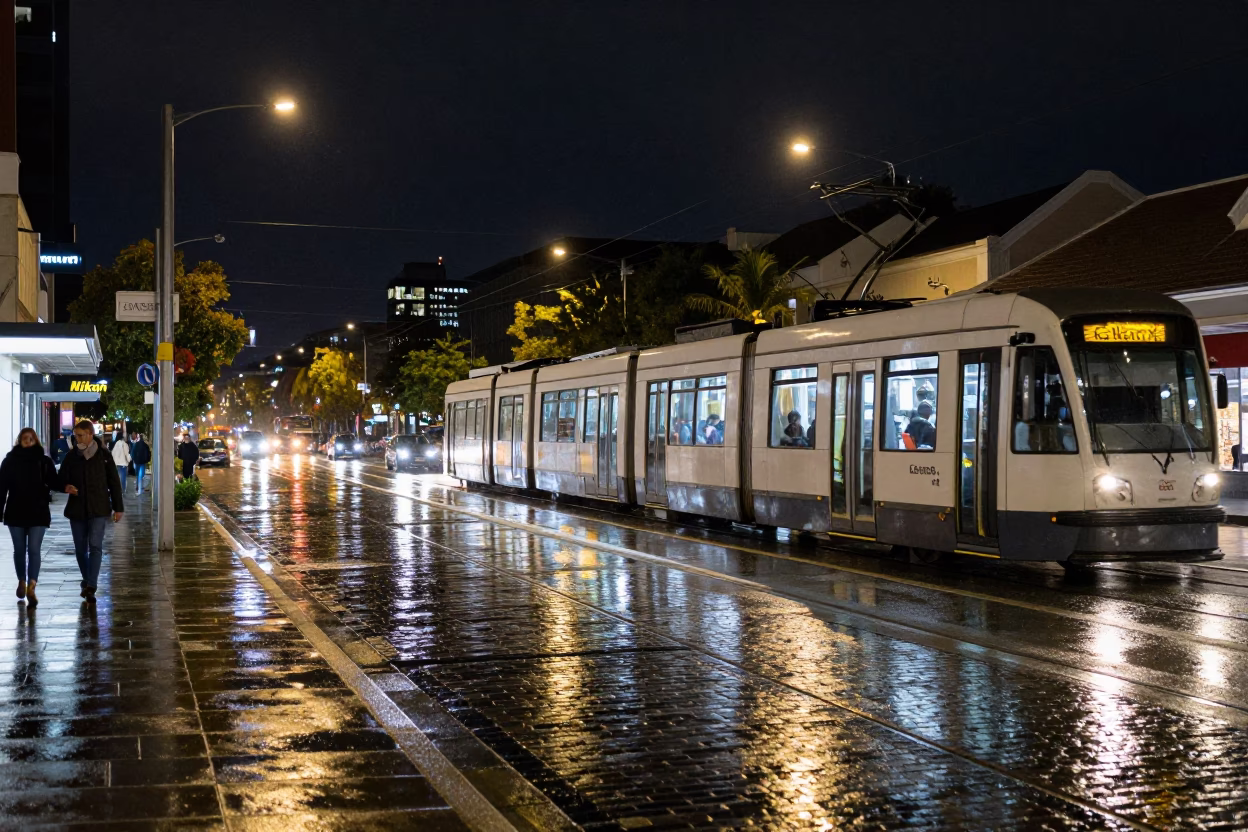 Nighttime Adelaide South Australia Street Scene with Tram Reflections and Urban Cobblestones in in Adelaide, South Australia, Australia