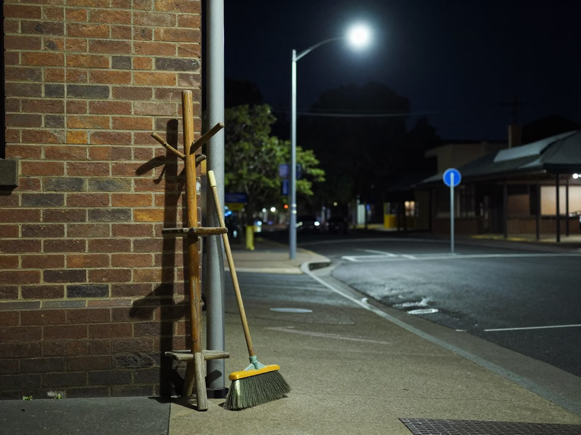 Nighttime Adelaide Street Corner with Coat Stand and Brooms in South Australia in in Adelaide, South Australia, Australia