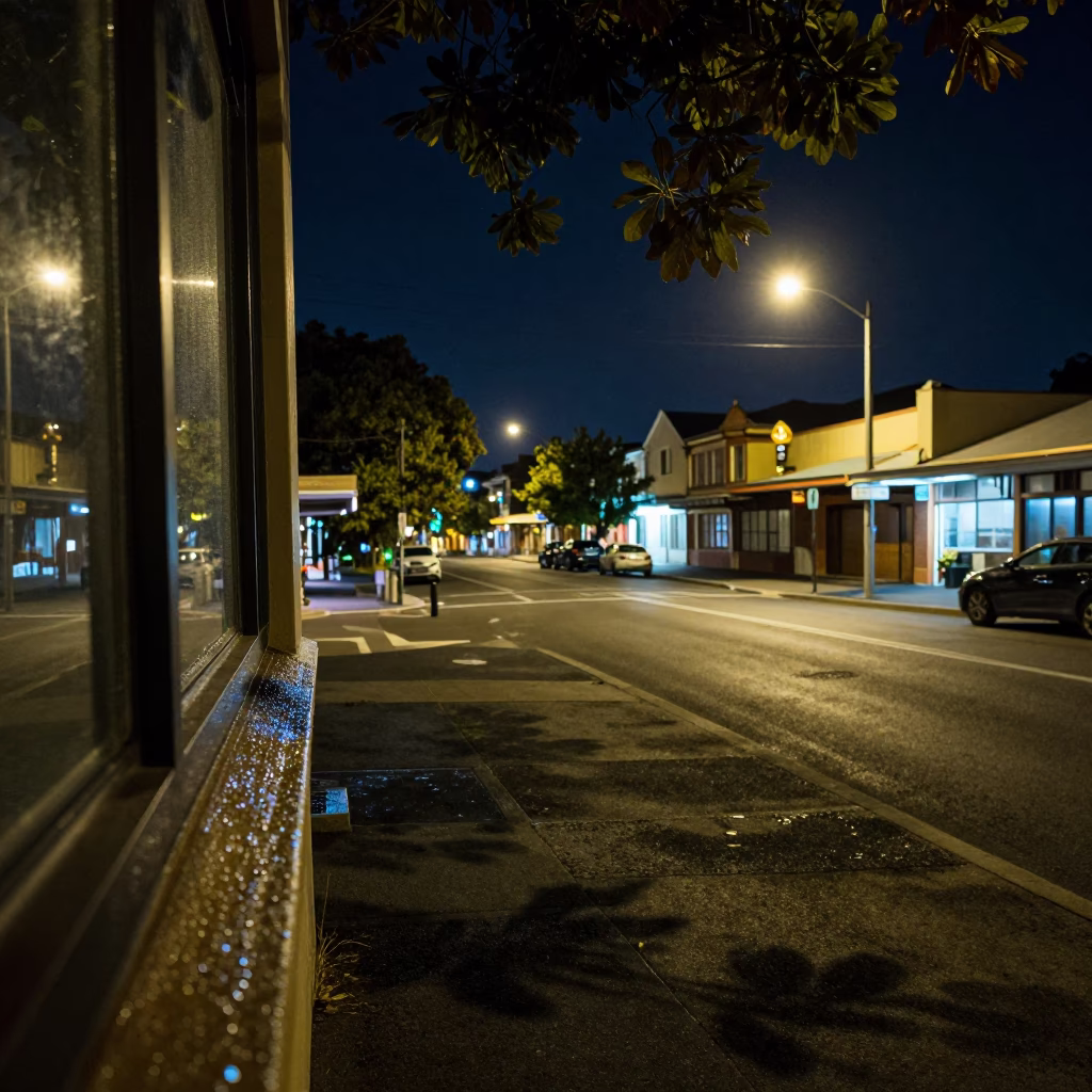 Nighttime Adelaide Street Scene with Condensation and Leaf Shadows in in Adelaide, South Australia, Australia