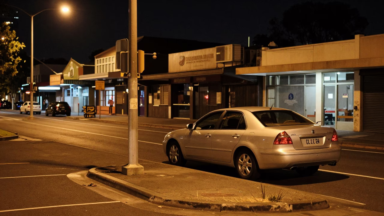 Nighttime Adelaide street scene with food delivery and quiet urban architecture in in Adelaide, South Australia, Australia