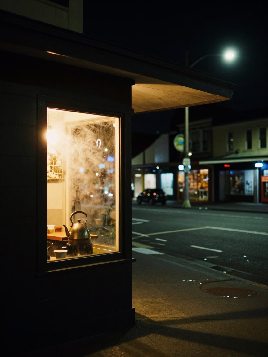 Nighttime Adelaide Street Scene with Kettle and Condensation on Saucer in in Adelaide, South Australia, Australia