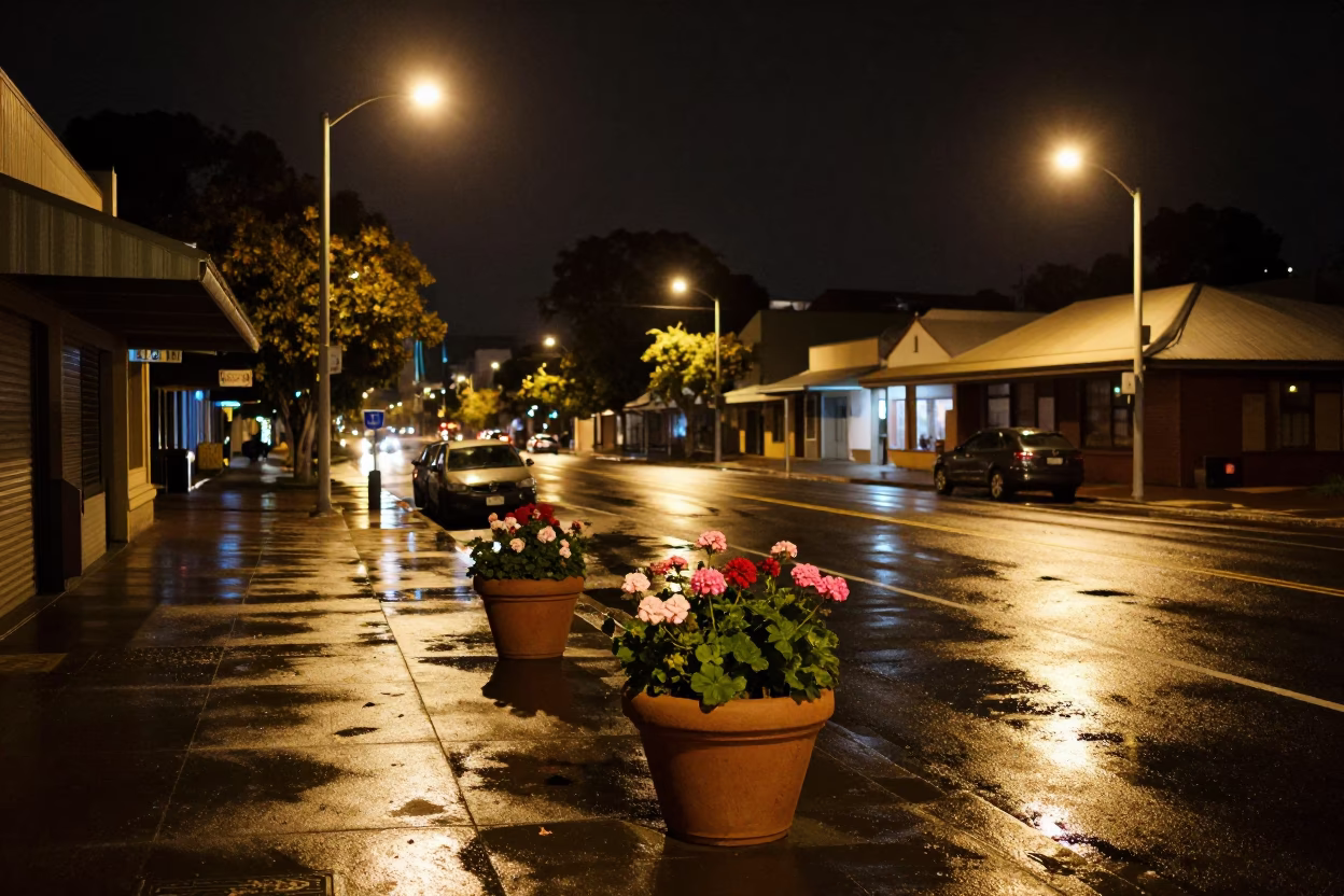 Nighttime Adelaide Street Scene with Potted Geraniums and Condensation on Glass in in Adelaide, South Australia, Australia