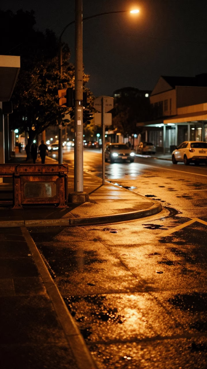 Nighttime Adelaide Street Scene with Rusty Rail and Grease Sheen on Pavement in in Adelaide, South Australia, Australia