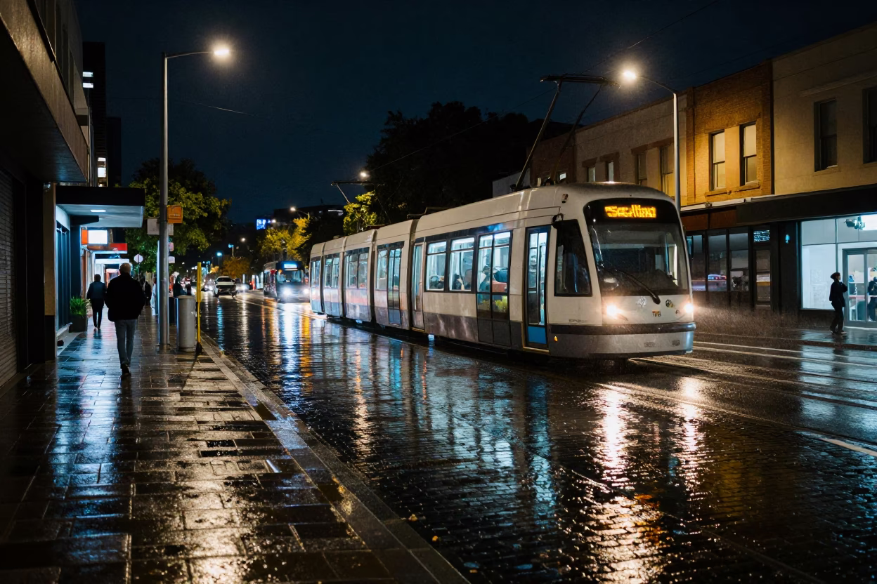Nighttime Adelaide Street Scene with Tram Reflection and Urban Details in in Adelaide, South Australia, Australia