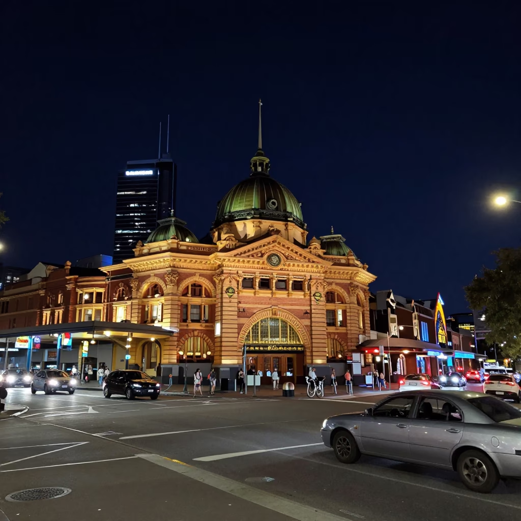 Nighttime Adelaide Street Scene with Vintage Cars and City Lights in in Adelaide, South Australia, Australia