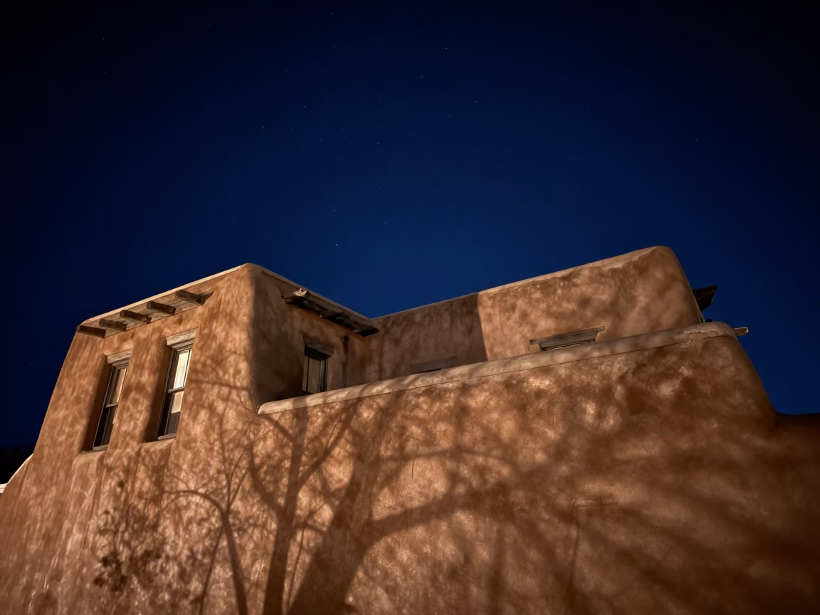 Nighttime Adobe Architecture in Santa Fe New Mexico Under Starry Sky in in Santa Fe, New Mexico, United States