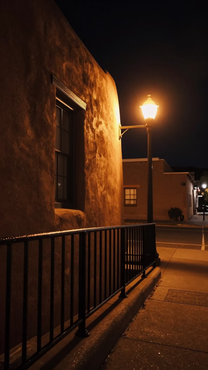 Nighttime Adobe Exterior with Condensation on Metal Rail in Santa Fe New Mexico in in Santa Fe, New Mexico, United States
